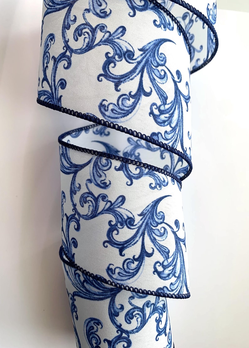 Whimsy Ribbon Blue White With Blue Chinoiserie Swirls Ribbon, 2 1/2