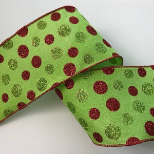 Christmas Ribbon, Lime Green with Red and Green Glitter Dots, 4&quot; Wide, Wired Edge Ribbon for Wreaths, Bows, Holiday Decorations, 3 YARDS