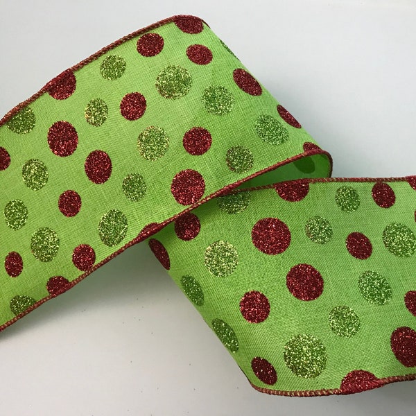 Christmas Ribbon, Lime Green with Red and Green Glitter Dots, 4" Wide, Wired Edge Ribbon for Wreaths, Bows, Holiday Home Decor, 3 YARDS