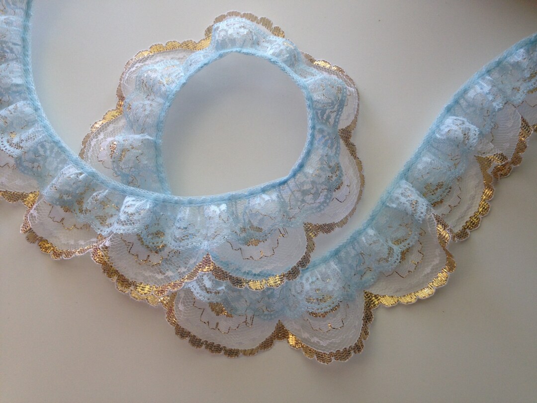 Scallop Ruffle Edge Double Ruffled Scalloped Edge Lace Trim, Blue and Gold, 2 Tier Lace ...