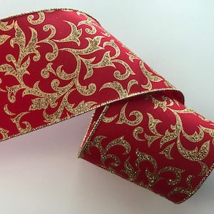 Christmas Ribbon, Red with Gold Sparkle, 4&quot; Wide, Wired Edge Ribbon for Bows, Wreaths, Gift Baskets, Holiday Home Decor, 3 YARDS
