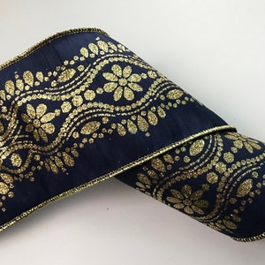 Navy with Gold Sparkle Ribbon, 4&quot; Wide, Faux Dupioni Wired Edge Ribbon for Bows, Wreaths, Holiday Home Decor, Christmas Ribbon, 3 YARDS