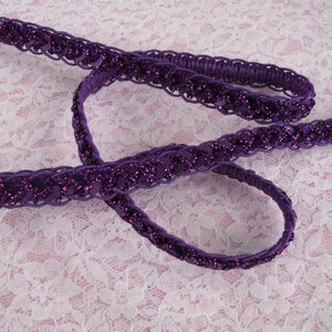 May include: Purple sequined trim with a braided design. The trim is made of a soft, flexible material and has a subtle sparkle.