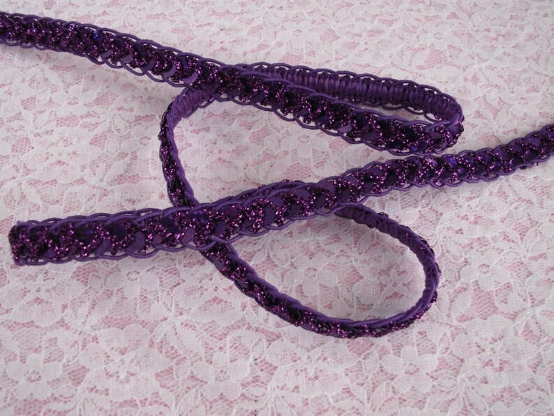 May include: Purple sequined trim with a braided design. The trim is made of a soft, flexible material and has a subtle sparkle.