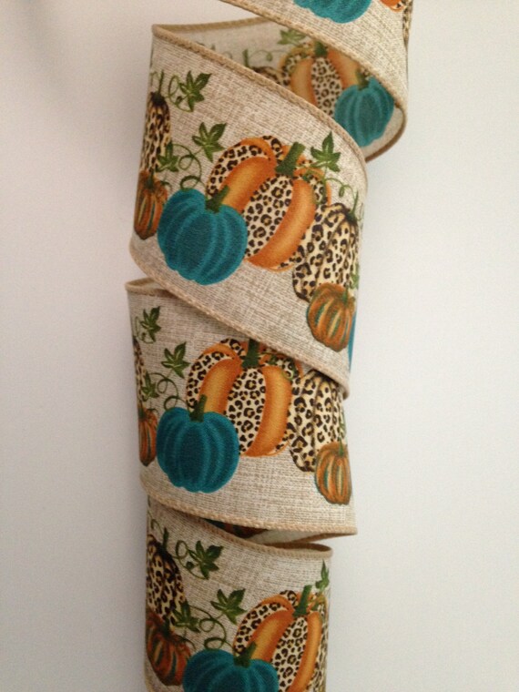 Pumpkin Ribbon, Cheetah Print Teal and Orange Pumpkins, 2 1