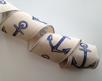 Anchor Ribbon,  2 1/2" Wide, Wired Ribbon for Nautical Decor, Wreaths, Bows, Gift Baskets, Home Decor, 3 YARDS