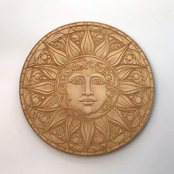 Sun Face Wood Plaque, Laser Cut Engraved Wood, Celestial Wall Art, Home Decor, Sun and Moon Wall Art, Wreaths, Decorative Woodcraft