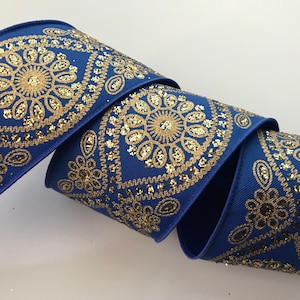 Christmas Ribbon, Royal Blue & Gold, 2 1/2&quot; Wide, Wired Edge Ribbon for Bows, Wreaths, Gift Baskets, Home Decor, Christmas Crafts, 3 YARDS
