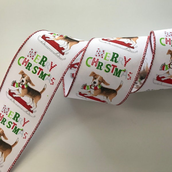 Christmas Ribbon, Beagle with Sled, 2 1/2" Wide, Wired Ribbon for Wreaths, Bows, Pet Holiday Home Decor, 3 YARDS