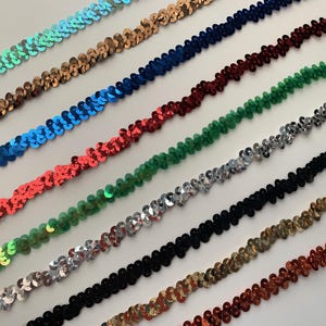 Metallic Stretch Sequin Trim, 3/8" Wide, Trim for Costumes, Cosplay, Headbands, Hats, Dancewear, Doll Clothes, Assorted Colors, 2 YARDS