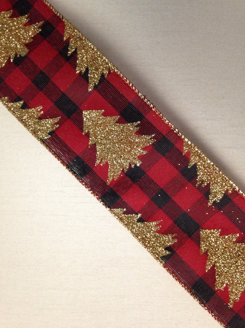 Christmas Ribbon Red & Black Buffalo Plaid with Metallic Gold Etsy