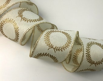Christmas Ribbon, Ivory and Metallic Gold, 2 1/2" Wide, Wired Ribbon for Wreaths, Bows, Gift Baskets, Swags, Holiday Decorations, 5 YARDS