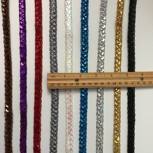 May include: Ten strands of sequined trim in various colors, including brown, purple, red, silver, white, blue, gold, and black. The trim is approximately 30 inches long.