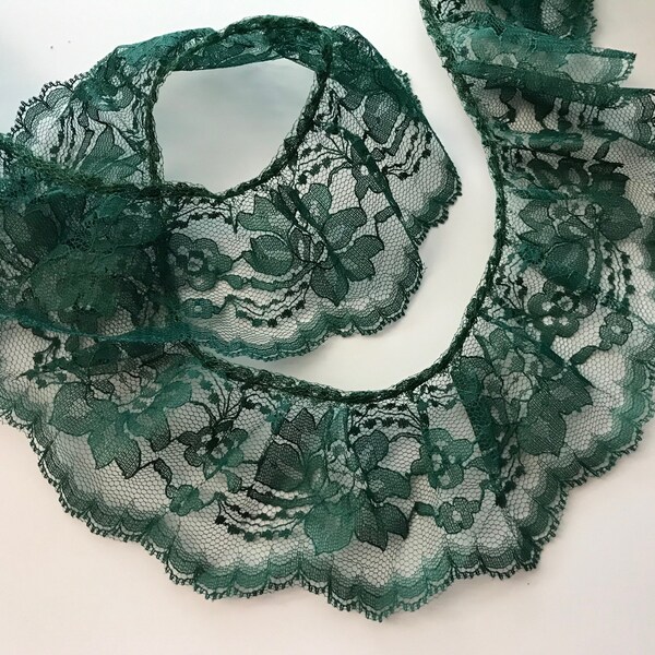 Hunter Green Ruffled Lace Trim, 3" Wide, Lace for Apparel, Costumes, Doll Clothes, Lace Journals, Christmas Crafts, Raschel Lace, 3 YARDS