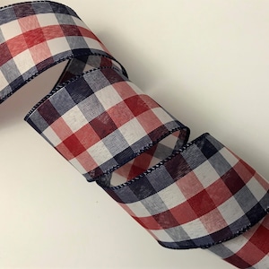 Red White and Blue Plaid Check Ribbon, 2 1/2" Wide, Wired Edge Ribbon for Wreaths, Bows, Swags, Home Decor, Patriotic Decor, 5 YARDS