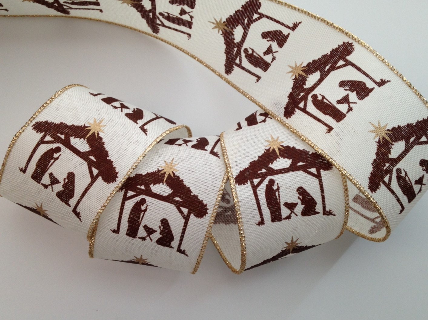 Christmas Ribbon Nativity Scene 2 1/2 Wide Wired Etsy