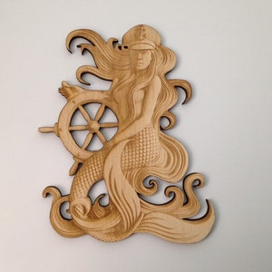 Wooden Mermaid with Nautical Wheel, Laser Cut and Engraved Wood, Sea Life Wall Art, Nautical Home Decor, Wreaths, Decorative Woodcraft