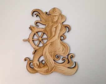 Wooden Mermaid with Nautical Wheel, Laser Cut and Engraved Wood, Sea Life Wall Art, Nautical Home Decor, Wreaths, Decorative Woodcraft
