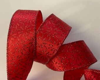 Red Sparkle Christmas Ribbon, 1 1/2" Wide, Wired Ribbon for Bows, Wreaths, Gift Baskets, Holiday Decorations, Christmas Crafts, 5 YARDS