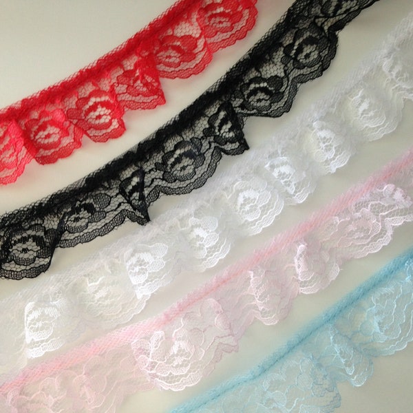 Ruffled Lace Trim, 1 1/4 Inch Wide, Raschel Lace Trim for Doll Clothes, Apparel, Socks Trim, Costumes, Journals, Crafting, 5 YARDS