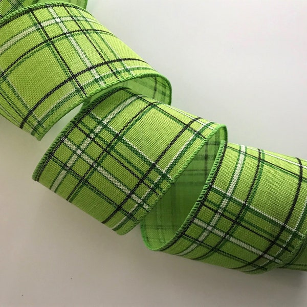 Multicolor Plaid Ribbon, Green Black and White, 2 1/2" Wide, Wired Edge Ribbon for Wreaths, Bows, Gift Baskets, Home Decor, 5 YARDS