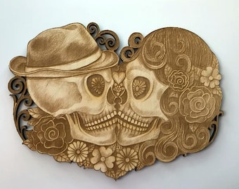Sugar Skull Couple Wood Plaque, 12" x 8", Day of the Dead, Calavera, Dia de los Muertos, Gothic, Wedding Gift, Laser Cut and Engraved Wood