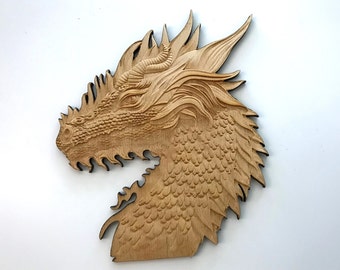 Wooden Dragon Head, Laser Cut and Engraved Wood, Fantasy Wall Decor, Mythical Decor, Wreath Decor, Decorative Woodcraft, Wood Cutouts
