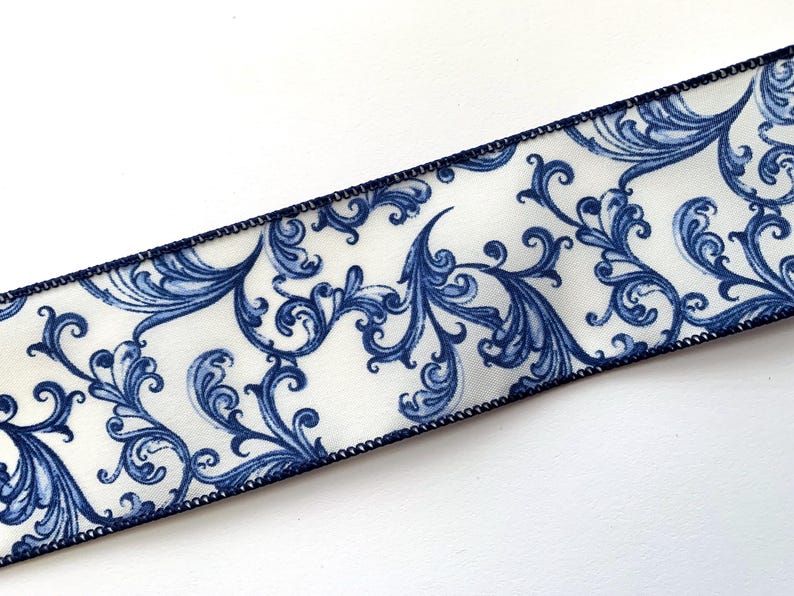 Whimsy Ribbon Blue White With Blue Chinoiserie Swirls Ribbon, 2 1/2