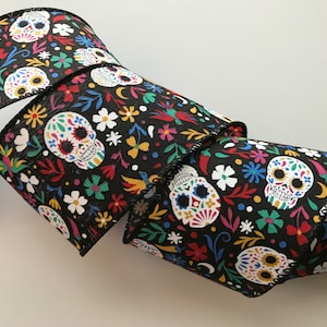 Multicolor Sugar Skulls Ribbon, 2 1/2&quot; Wide, Ribbon for Bows, Wreaths, Halloween, Day of the Dead, Dia de los Muertos, Calaveras, 3 YARDS