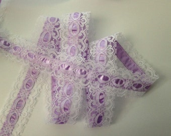 White Beading Lace Trim with Lavender Ribbon, Apparel, Lingerie, Bridal Accessories, Invitations, Favors, Journals, Doll Clothes, 3 YARDS