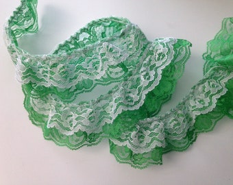 White and Emerald Green Double Ruffled Lace Trim, 2 Tier Lace for Costumes, Doll Clothes, Apparel, Christmas Crafts, 2 YARDS
