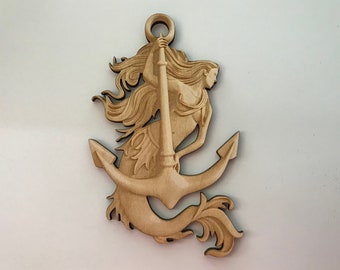 Wooden Mermaid with Anchor, Laser Cut and Engraved Wood, Sea Life Wall Art, Nautical Home Decor, Wreaths, Decorative Woodcraft