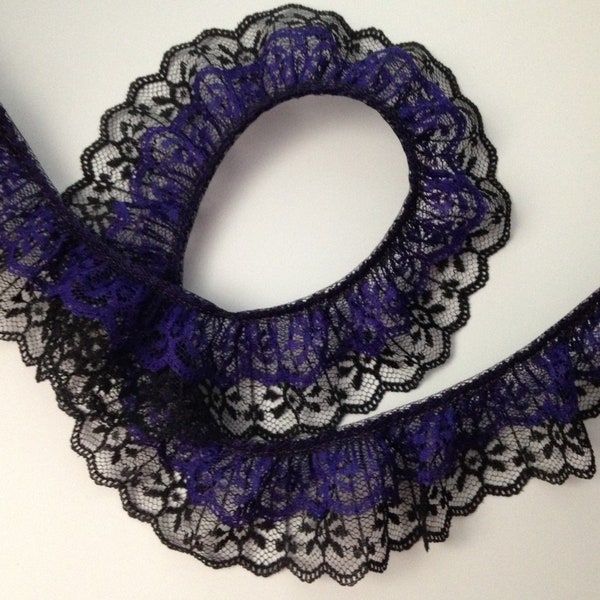 Double Ruffled Lace Trim, Purple and Black Lace, 2 YARDS, Candlewick Lace, 2 Tier Lace, Apparel, Costumes, Bridal Accessories, Gathered Lace