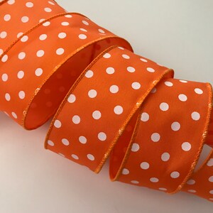 Orange with White Polka Dots Ribbon, 1 1/2&quot; Wide, Wired Ribbon for Wreaths, Bows, Gift Baskets, Swags, Home Decor, Halloween, 5 YARDS