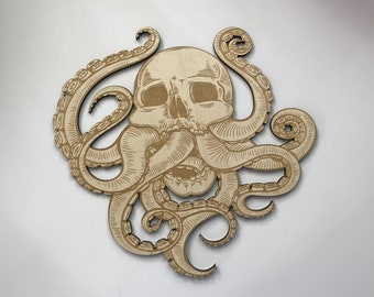 Skull Octopus, 14 Inches High, Laser Cut and Engraved Wood, Nautical Sea Life Ocean Decor, Decorative Woodcraft