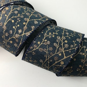Christmas Ribbon, Midnight Blue with Metallic Gold Berries, 2 1/2&quot; Wide, Wired Ribbon for Wreaths, Bows, Gift Baskets, Holiday Decor,5 YARDS