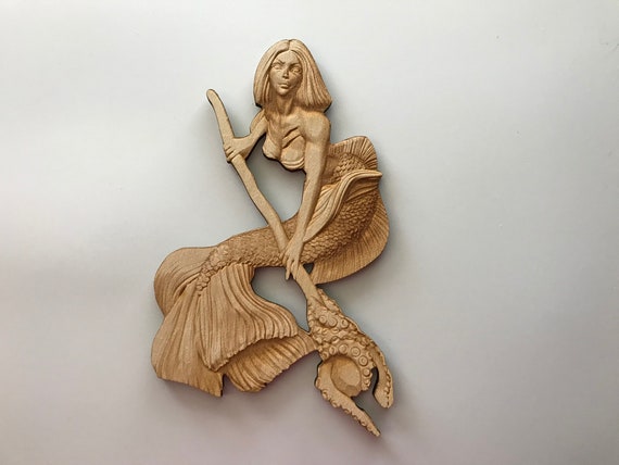 Warrior Mermaid, Laser Cut and Engraved Wood, Sea Life Wall Art, Nautical Home Decor, Wreaths, Decorative Woodcraft