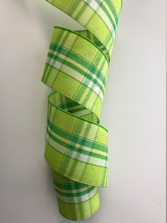 Lime Green and White Black Check Plaid Ribbon, 1 1/2 Wide, Wired Edge, 5  YARDS