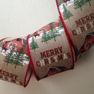 Christmas Ribbon, Merry Christmas Farm Barn, 2 1/2&quot; Wide, Wired Ribbon for Wreaths, Bows, Holiday Home Decor, Christmas Crafts, 5 YARDS
