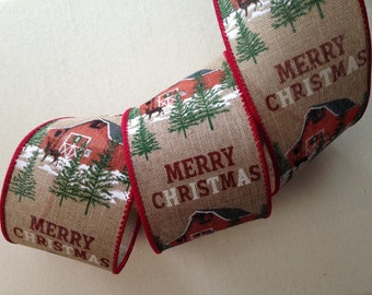 Christmas Ribbon, Merry Christmas Farm Barn, 2 1/2" Wide, Wired Ribbon for Wreaths, Bows, Swags, Holiday Decorations, 5 YARDS