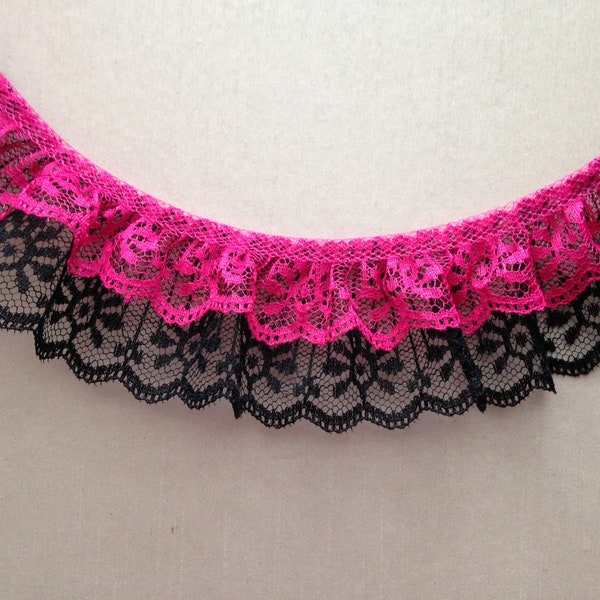 Double Ruffled Lace Trim, Hot Pink and Black Candlewick 2 Tier Lace, Apparel, Doll Clothes, Costumes, 2 YARDS