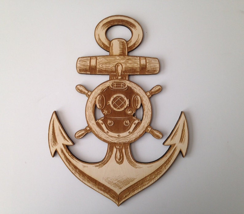 Nautical Wall Art Anchor with Scuba Diver Helmet Home Decor Ready to Paint Woodcraft Laser Cut /& Engraved Wood Wreaths Sea Life Decor