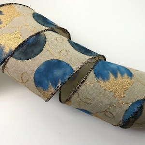 Christmas Ribbon, Tan with Blue and Gold Christmas Ornaments, 2 1/2&quot; Wide, Wired Edge Ribbon for Wreaths, Bows, Holiday Home Decor, 5 YARDS