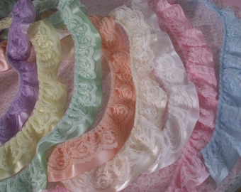 Gathered Lace with Ribbon Trim, Pastel Colors, Apparel, Doll Clothes, Costumes, Lace Trim for Girls Socks, Baby Shower Decor