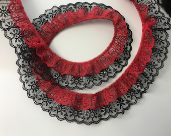 Red and Black Double Ruffled Lace Trim, Candlewick Lace, 2 Tier Lace, Apparel, Doll Clothes, Costumes, 2 YARDS