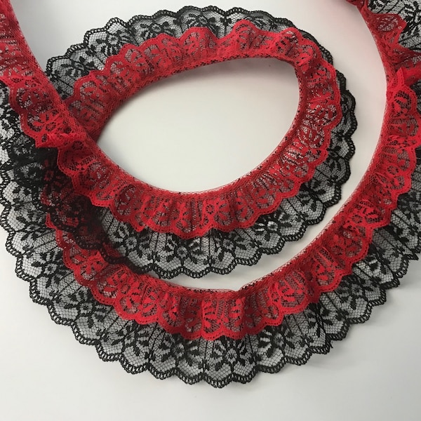 Red and Black Double Ruffled Lace Trim, Candlewick Lace, 2 Tier Lace, Apparel, Doll Clothes, Costumes, 2 YARDS