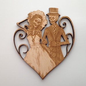 Bride and Groom Sugar Skull Couple, Day of the Dead, Calavera, Laser Cut and Engraved Wood, Decorative Woodcraft, Gothic Decor