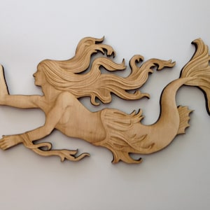 Wooden Mermaid, Laser Cut and Engraved Wood, Wood Cutouts, Sea Life Wall Art, Nautical Home Decor, Wreaths, Decorative Woodcraft