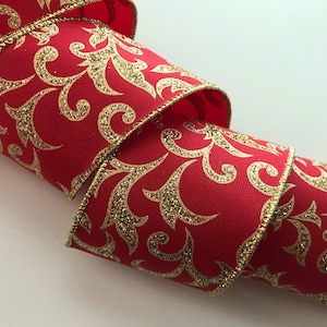 Christmas Ribbon, Red with Gold Sparkle, 2 1/2&quot; Wide, Wired Edge Ribbon for Bows, Wreaths, Gift Baskets, Swags, Holiday Home Decor, 3 YARDS