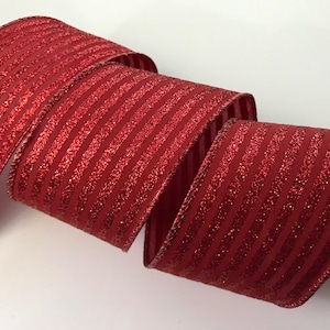 Christmas Ribbon, Red Sparkle Stripes, 2 1/2&quot; Wide, Wired Ribbon for Wreaths, Bows, Gift Baskets, Swags, Holiday Home Decor, 5 YARDS
